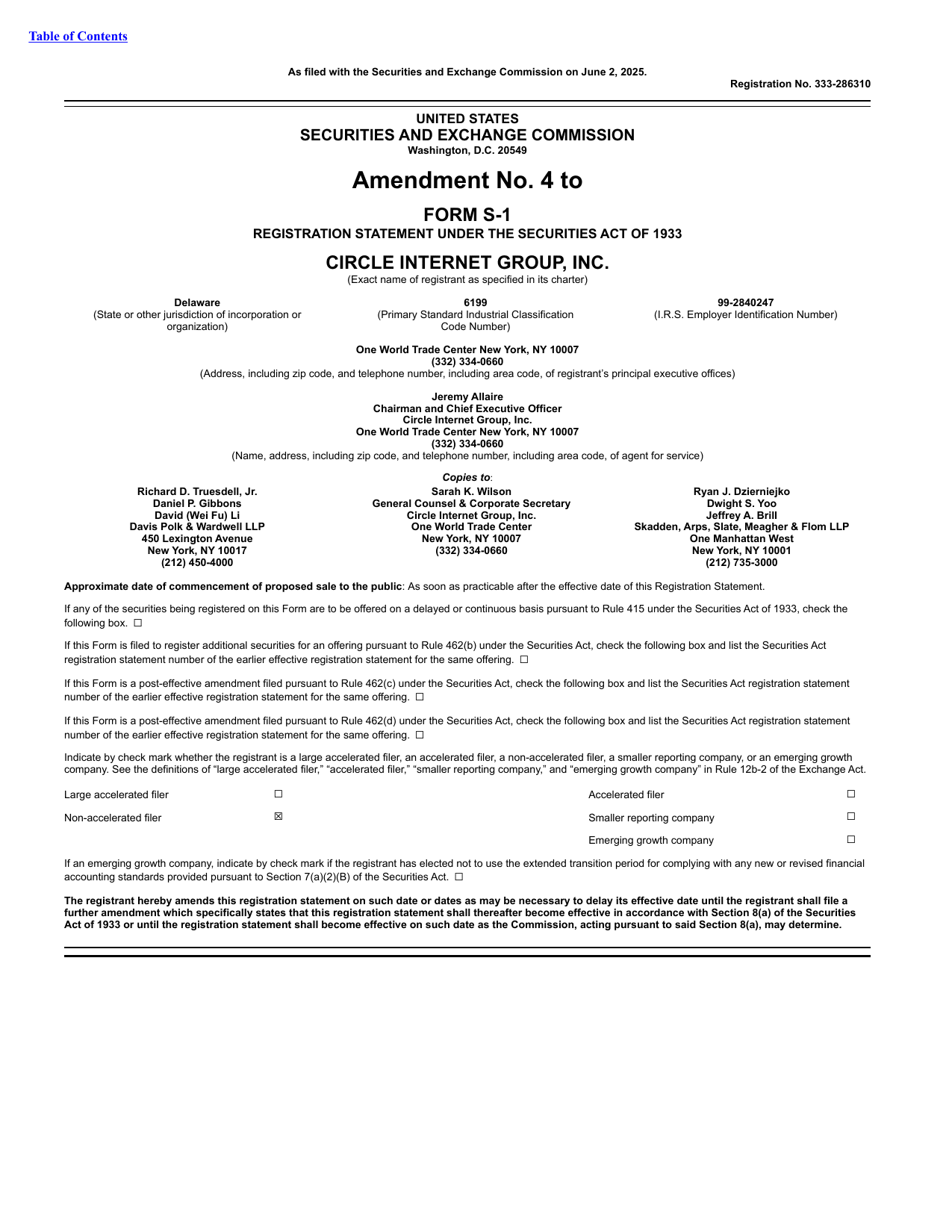 Amendment No. 4 to Form S-1 Registration Statement Under the Securities Act of 1933 – Circle Internet Group, Inc.